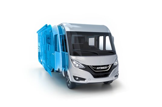 3D-kuva HYMERin matkailuauton korirakenteesta: alumiiniset sivuseinät (sisä- ja ulkopinta) sekä niiden välissä PUAL-solumuoviyhdistelmä 