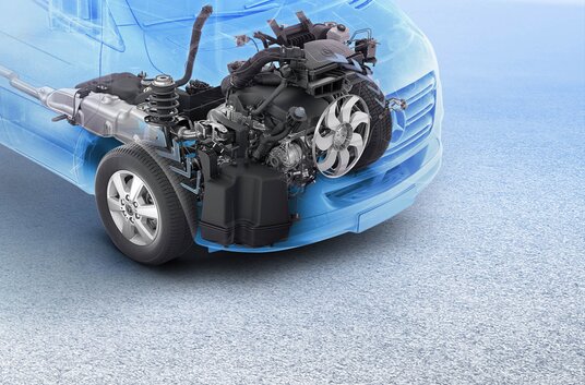 Interior del motor de las autocaravanas HYMER con motores Mercedes Sprinter en óptica 3-D