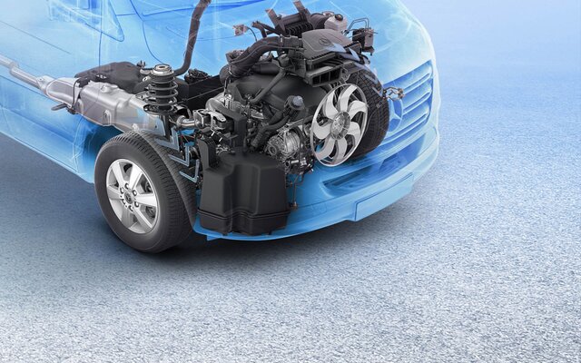 Motor interior in HYMER motorhomes with Mercedes Sprinter power cars in 3-D optics