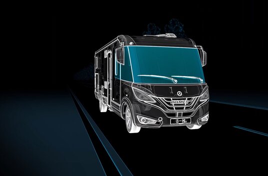 HYMER motorhome in 3D / visor look with highlighted ultra-panoramic windscreen