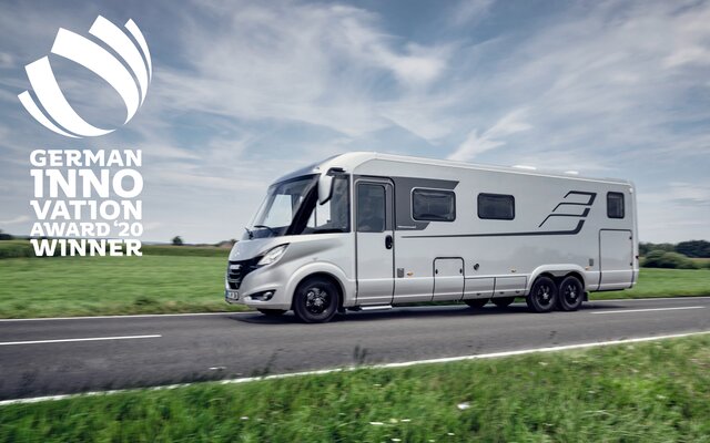 HYMER B-ML I 880 on road with illustration of the award winner German Innovation Award 2020