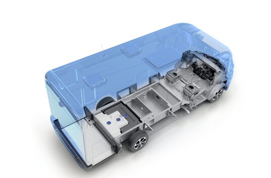 Costruzione scheletro dell’autocaravan HYMER con chassis super light con doppio pavimento in ottica 3D