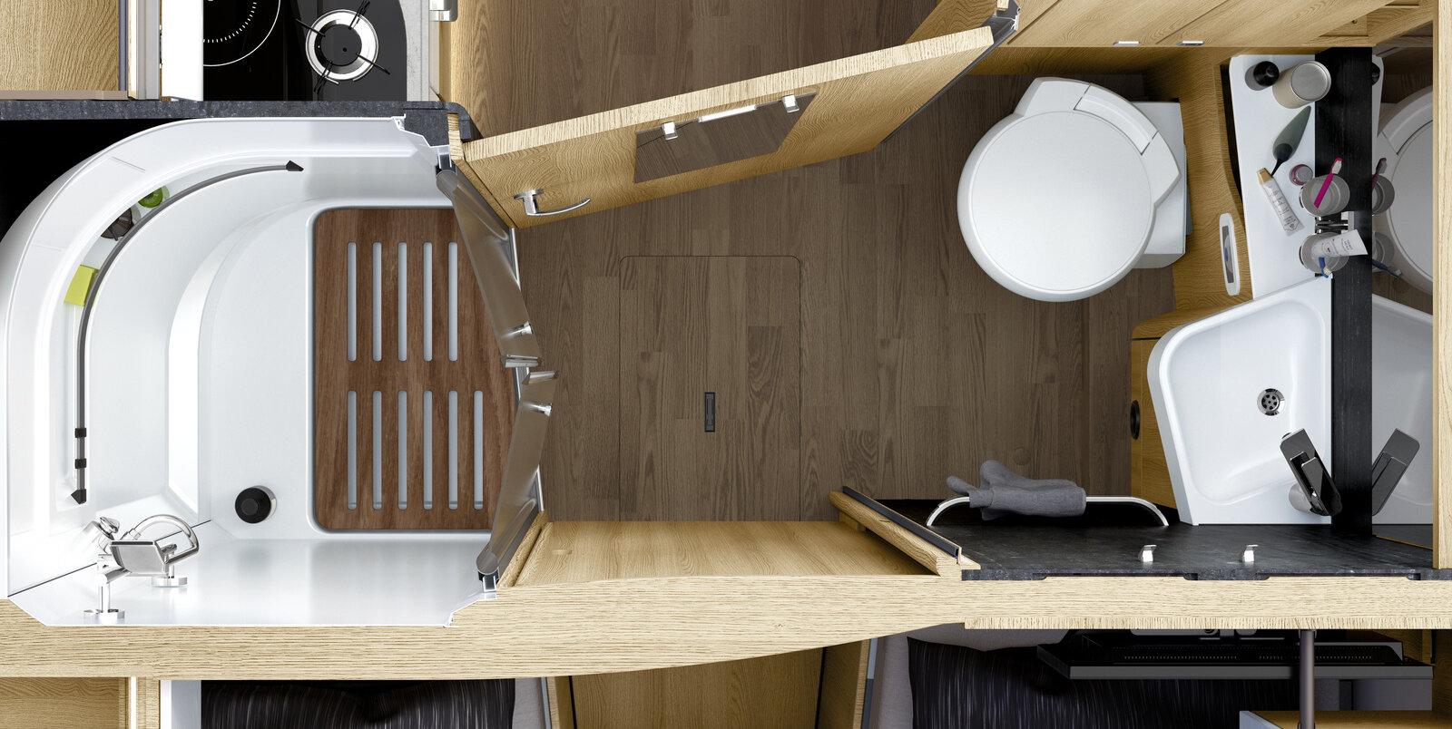 Badkamer in de HYMER B-klasse MasterLine I met wit toilet, wastafel en aparte douche met houten lattenbodem