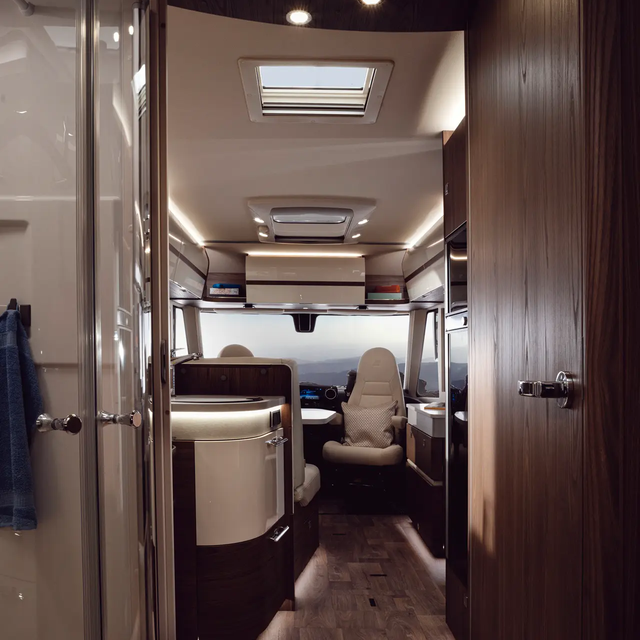 View from the rear to the passenger seat in the HYMER B MasterLine I 890 motorhome