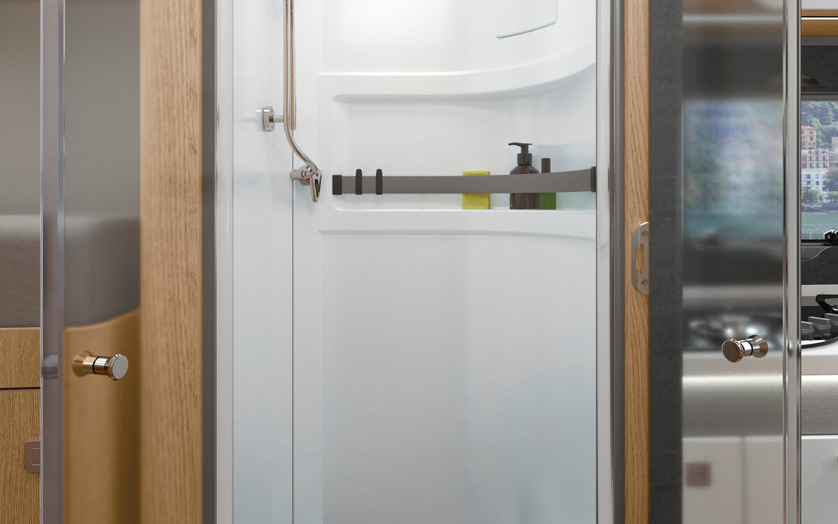 Shower cubicle with wooden slatted frame and real glass door in the HYMER B-Class MasterLine
