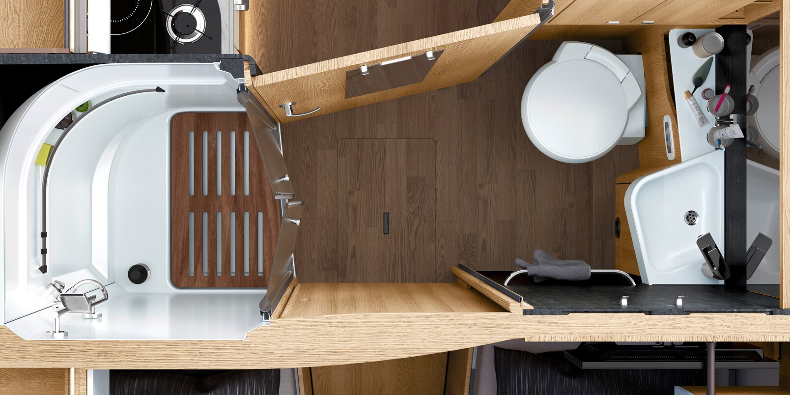 Badkamer in de HYMER B-ML T camper met wit toilet, wastafel en aparte douche met houten lattenbodem