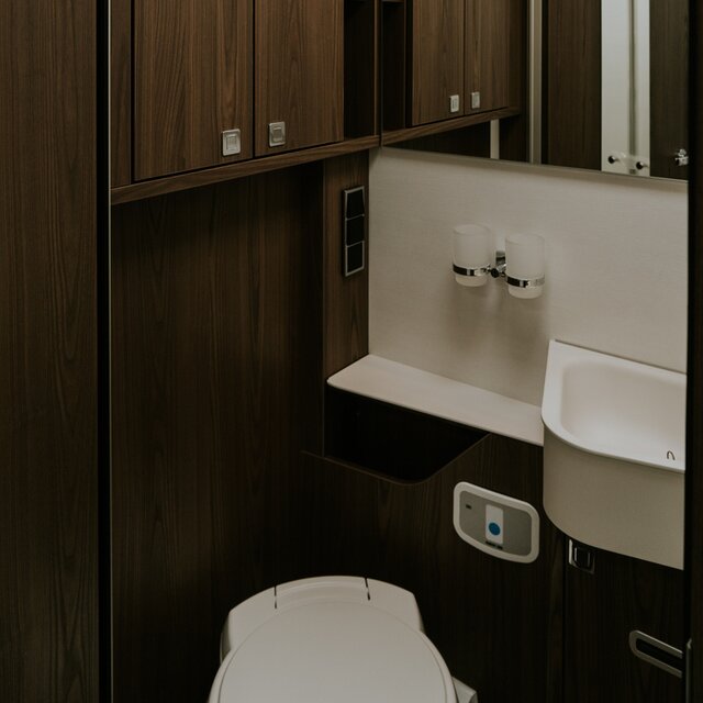 Bathroom in a mobile home in dark wood décor