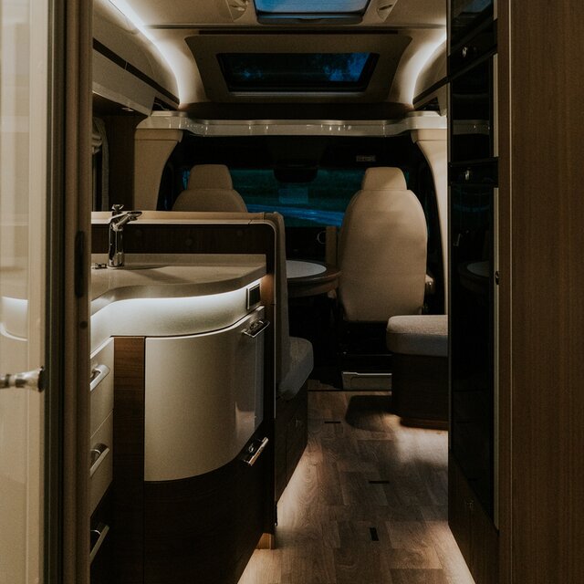 View from the rear to the passenger seat in the HYMER B MasterLine T motorhome