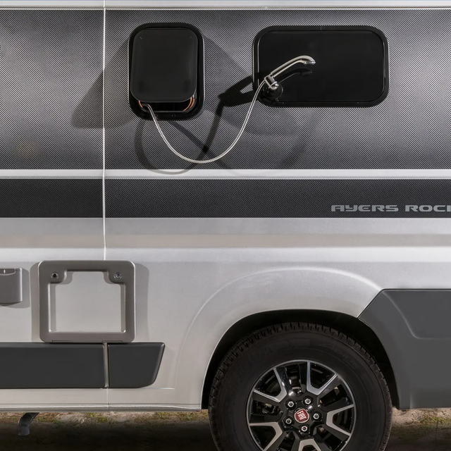 Shower head attached to the outside wall for an open-air shower on the HYMER Camper Van Ayers Rock