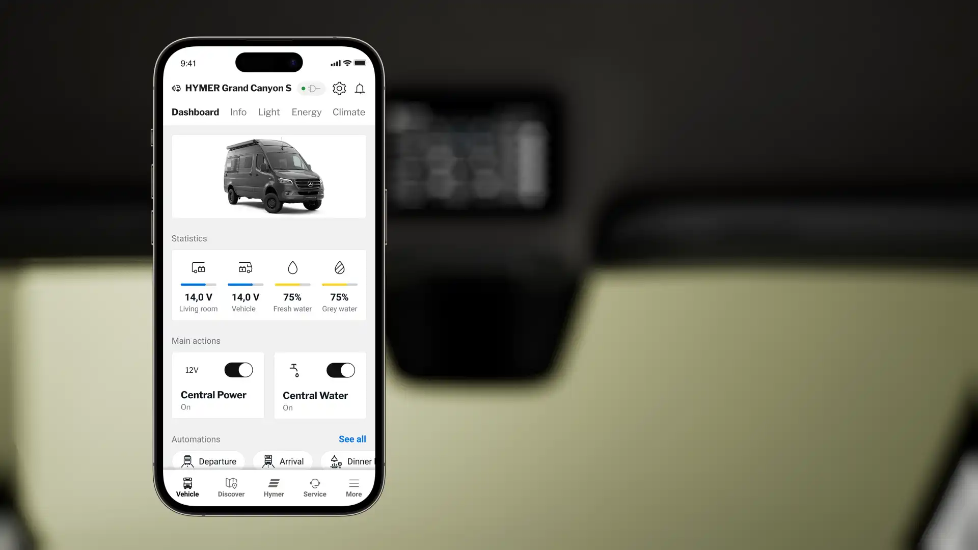 Die HYMER Connect App zeigt Fahrzeuginformationen und bietet Einstellmöglichkeiten auf dem Smartphone.