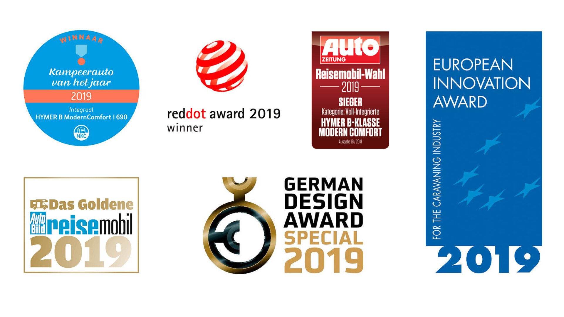 Emblem 6 verschiedener Gewinner-Auszeichnungen für HYMER-B-Klasse ModernComfort I 2019