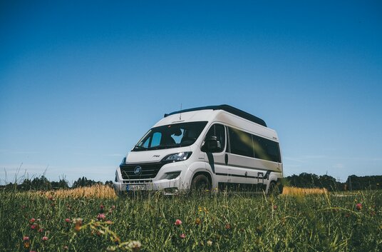 HYMER Free 600 Campus standing in a green meadow with a cornfield, a row of trees and a blue sky
