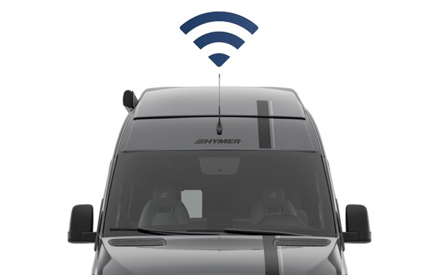 La partie supérieure de la vue avant d'un camping-car HYMER gris foncé comme découpe. Une icône de réception de signal bleu foncé est ajoutée au-dessus de l'antenne.