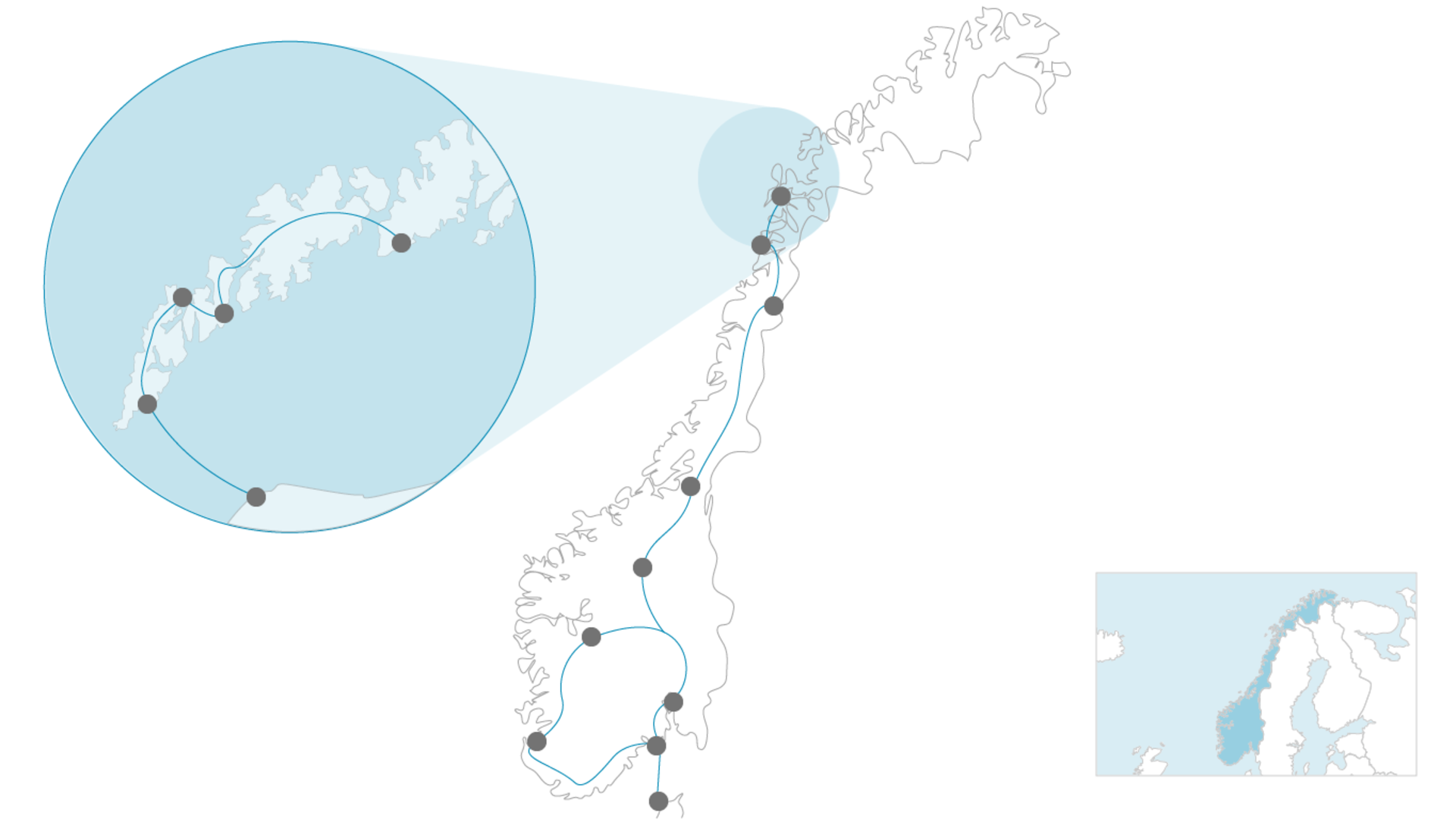 Reiseskizze, die mit Spots und Verbindungslinien eine Reiseroute in Norwegen darstellt