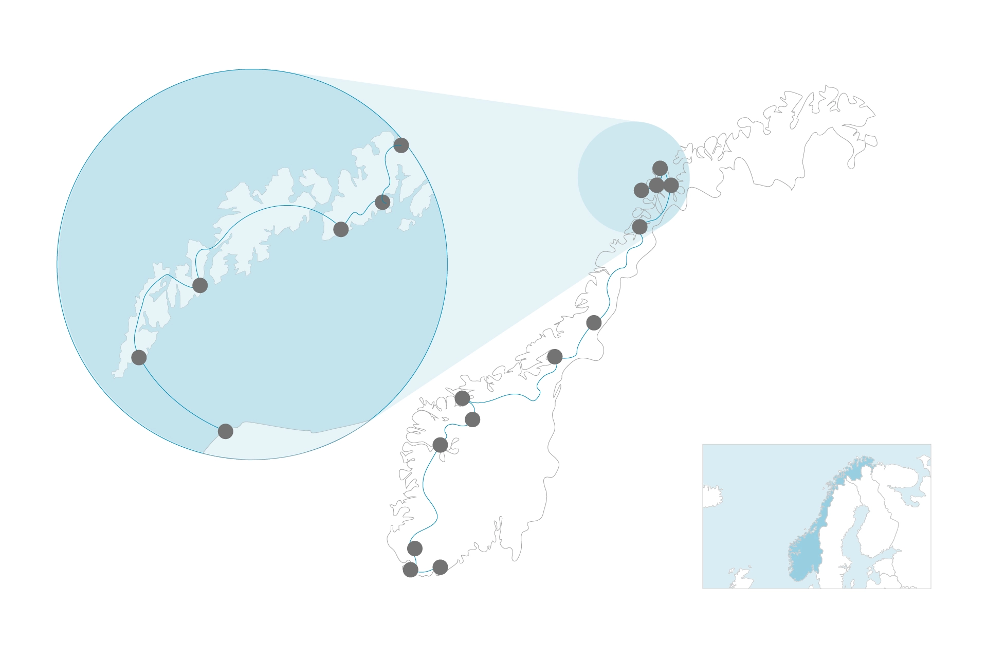 Croquis de voyage, montrant un itinéraire de voyage en Norvège avec des points et des lignes de connexion