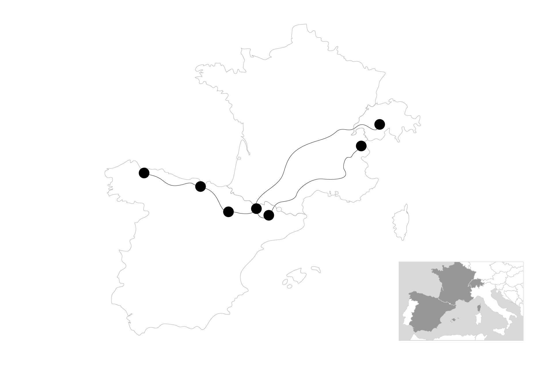 Travel sketch, showing a travel route in Norway with spots and connecting lines